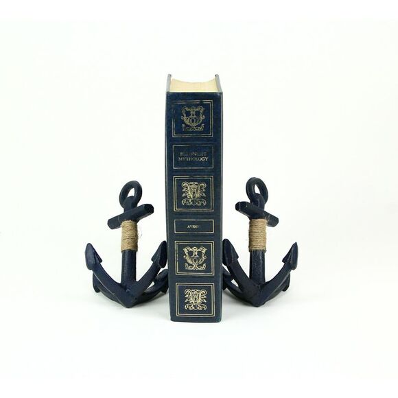 Set of 2 Blue Decorative Cast Iron Anchor Bookends Nautical Bookshelf Decor - Picture 2 of 3